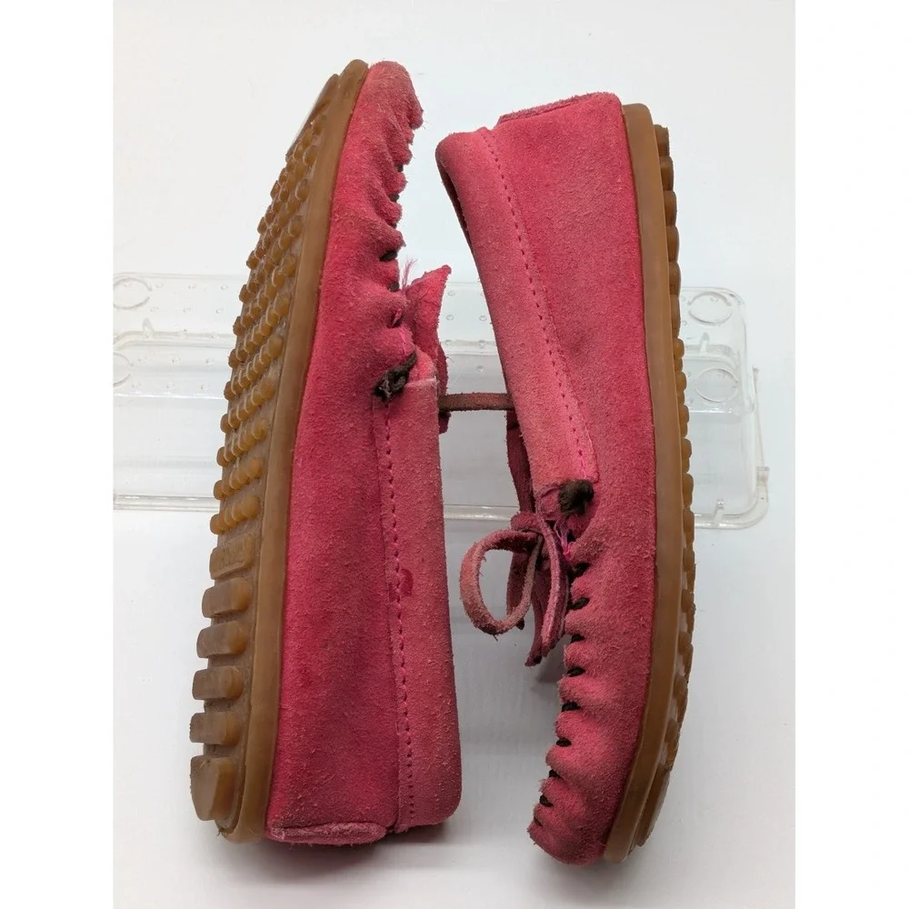 Minnetonka Girls Moccasins Size 1 Pink Suede Leopard Print Fringe Shoes